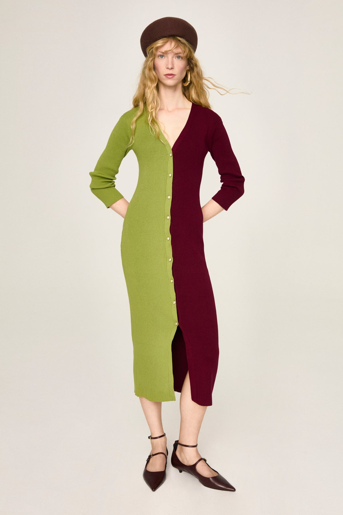 Didi Mirto knit midi dress in green and burgundy, by Ika Jane