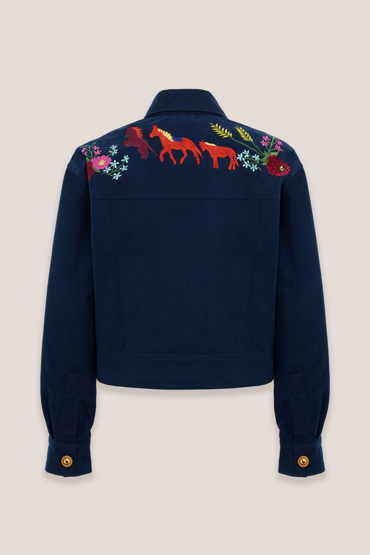 Giacca di jeans ricamata Loba Mirtillo, retro, su fondo neutro