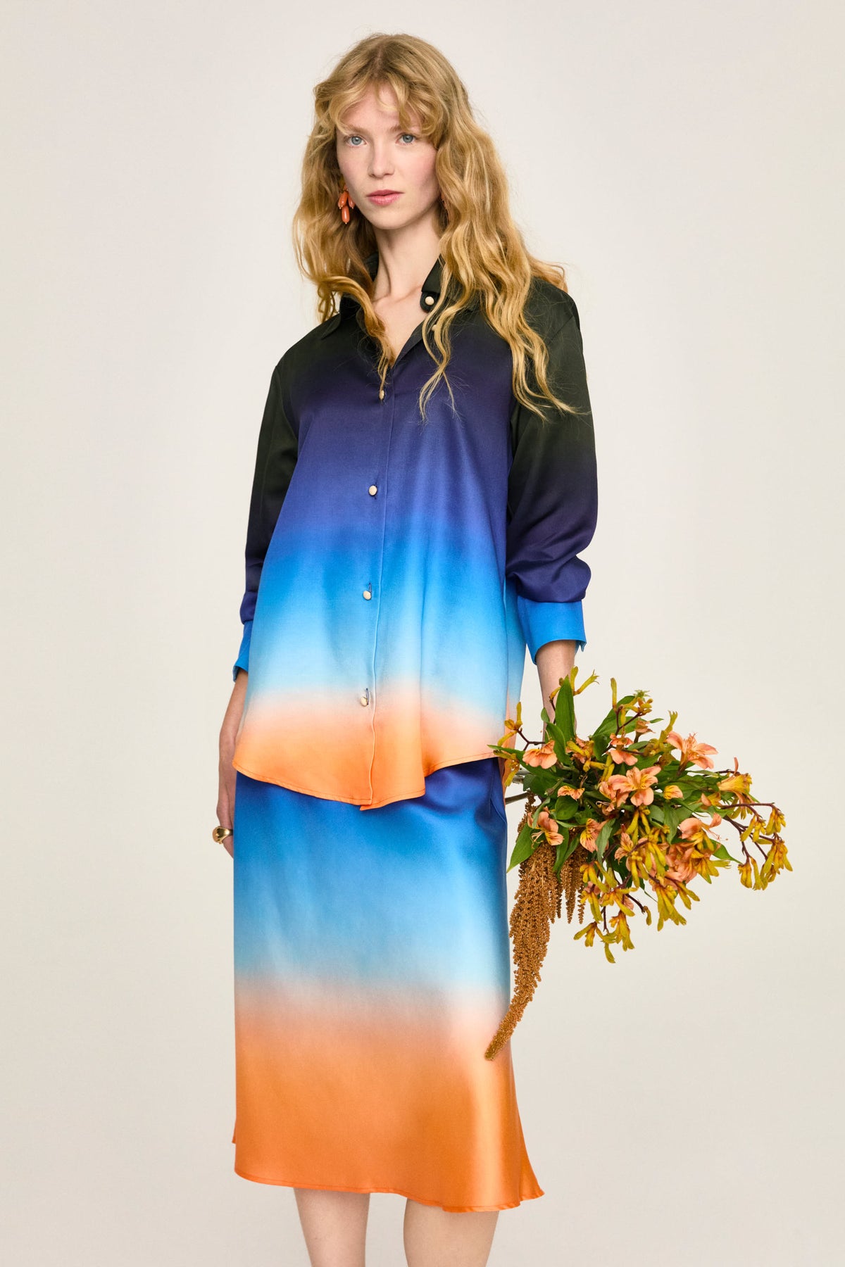 Lola Aria satin midi skirt shading from blue to orange, by Ika Jane